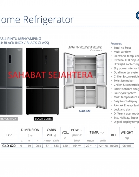 Home Refrigator GEA G4D-620 Kulkas 4 Pintu (Black Inox & Black Glass)