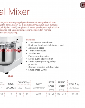 Spiral Mixer Getra LB40 Mesin Pengaduk Adonan Roti